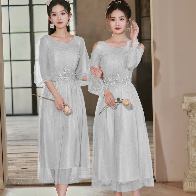 伴娘服长版2023新款灰色仙气显瘦伴娘团姐妹裙夏主持演出晚礼服女