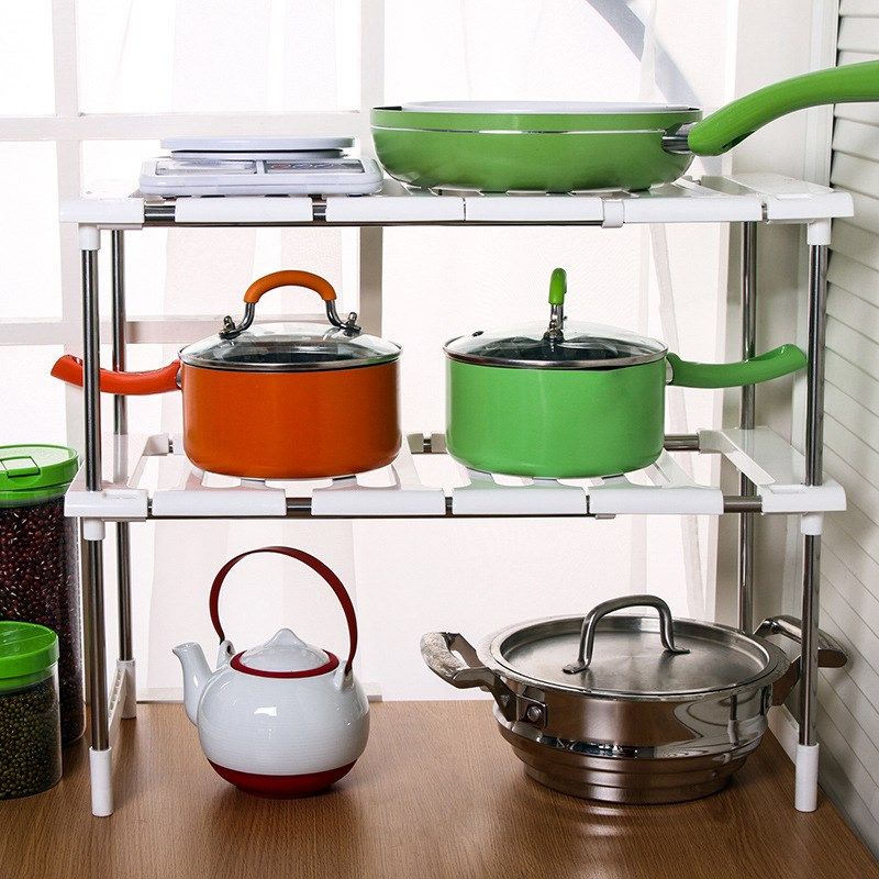 厨房下水槽置物架可伸缩不锈钢落地式橱柜收纳整理双层储物架包邮