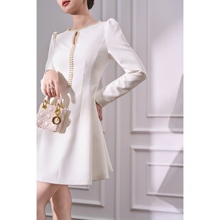 韩语琳 白色长袖收腰连衣裙2025新款女春季法式气质短款a字裙裙子