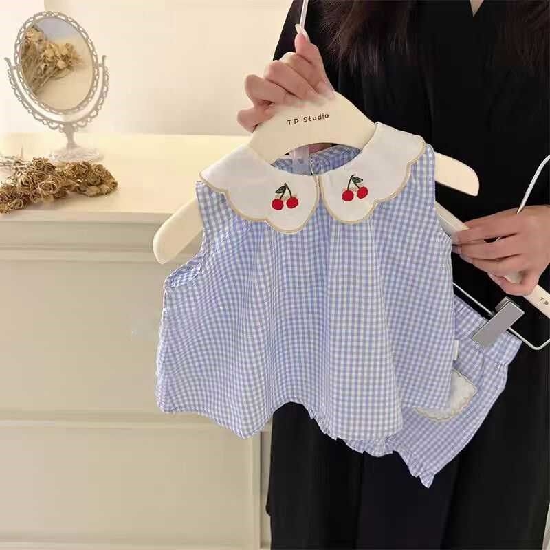 女童翻领娃娃衫背心衬衫可爱T恤短裤两件套夏季甜美宝宝格子套装,童装/婴儿装/亲子装,套装,淘宝优惠券,粉丝福利购,淘宝优惠卷