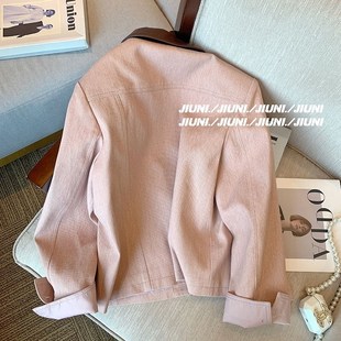 复古撞色拼皮领外套女春秋款2024宽松显瘦洋气短款工装夹克上衣