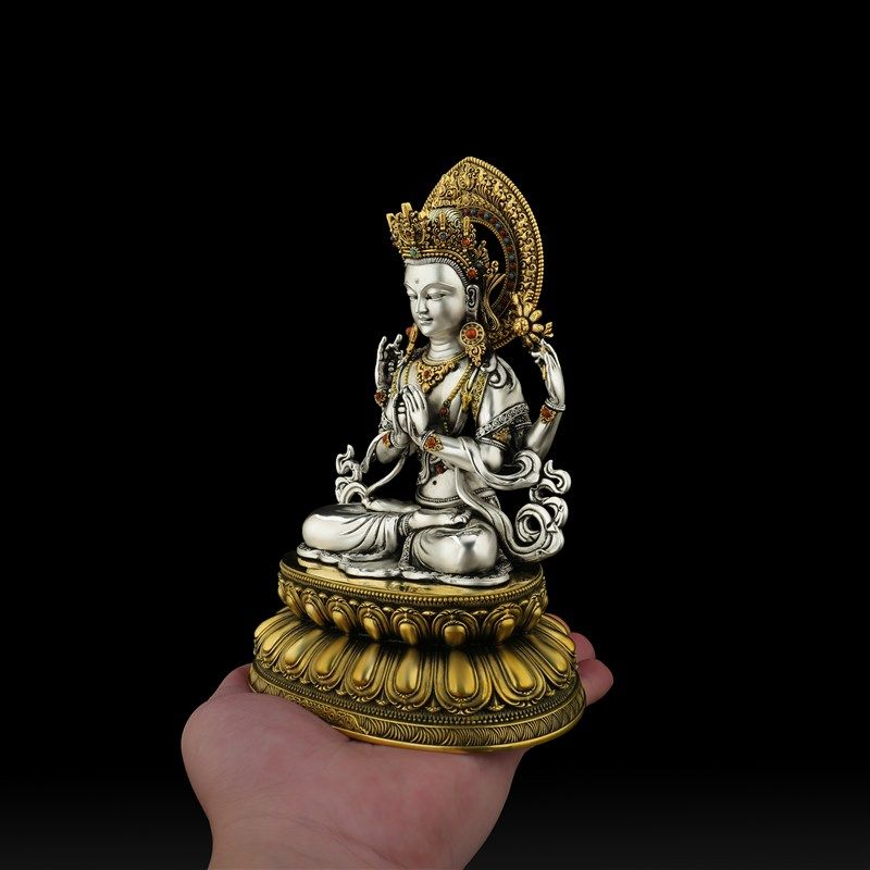 尼泊尔工艺四臂观音菩萨藏传纯铜白铜鎏银五寸手工镶嵌佛像摆件