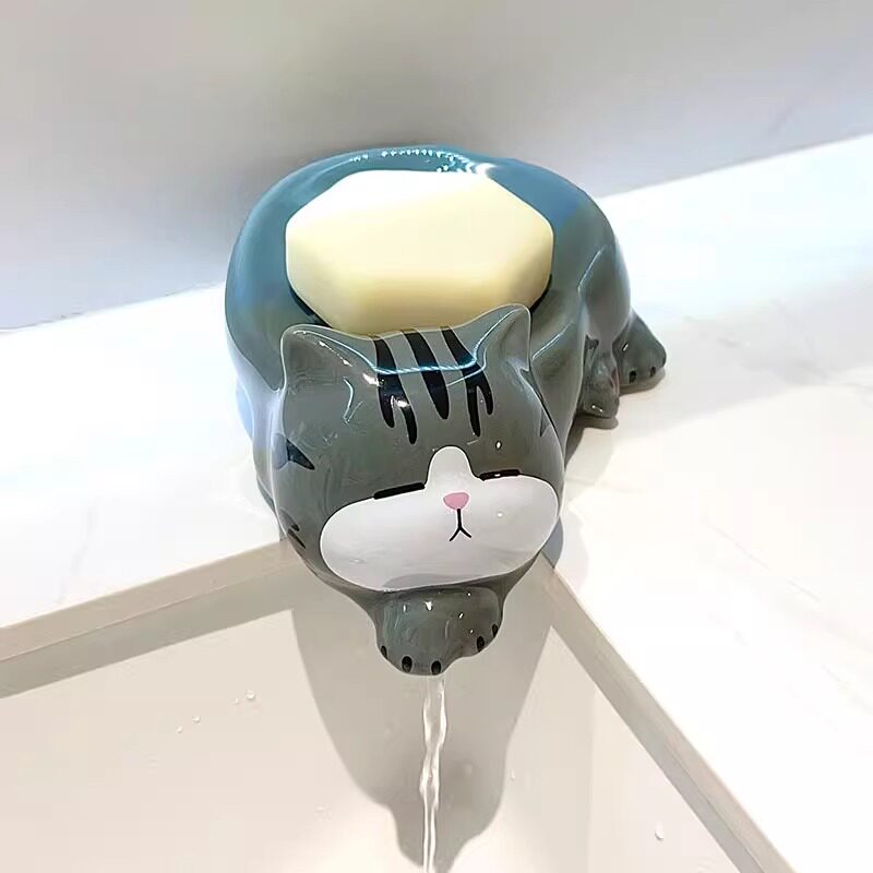 小猫咪陶瓷肥皂盒沥水可爱卡通不积水香皂盒洗手台卫生间陶瓷摆件