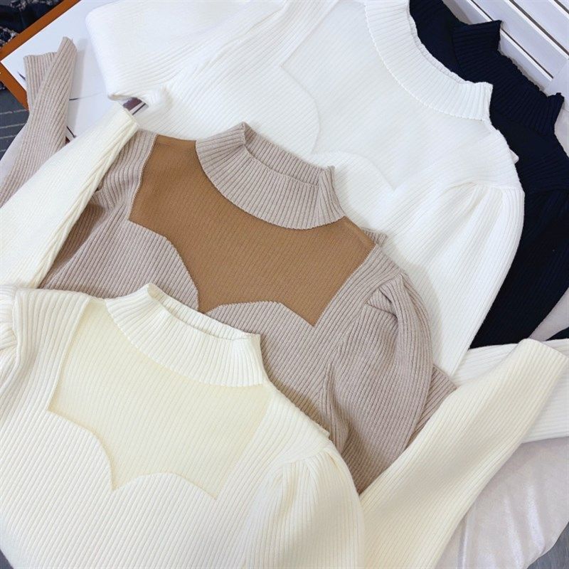 网纱拼接半高领针织打底衫女装秋冬新款洋气修身显瘦打底毛衣上衣,女装/女士精品,毛针织衫,淘宝优惠券,粉丝福利购,淘宝优惠卷