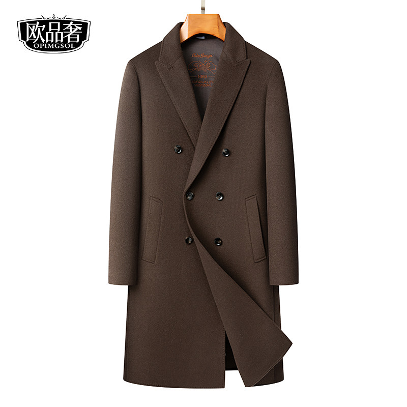 全羊毛呢外套男士中长款西装领双排扣羽绒内胆外套冬季新款双面呢