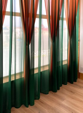 中古风纯色超柔纱落地窗墨绿橙色客厅餐厅房间透光不透人双层窗纱