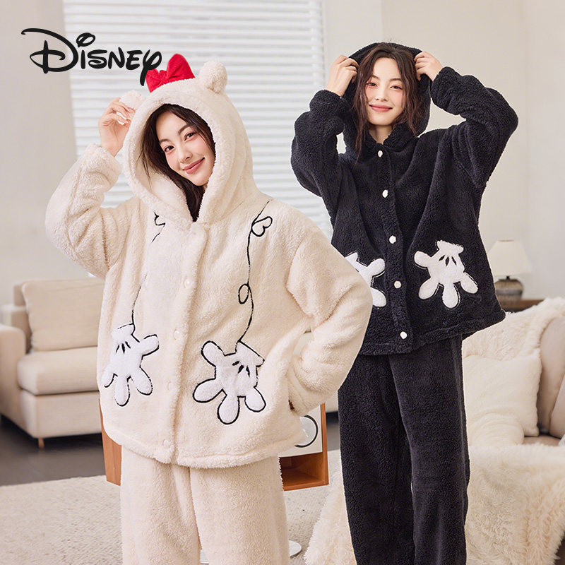 Disney/迪士尼冬季新款男女情侣同款加绒睡衣家居服套装连帽长袖