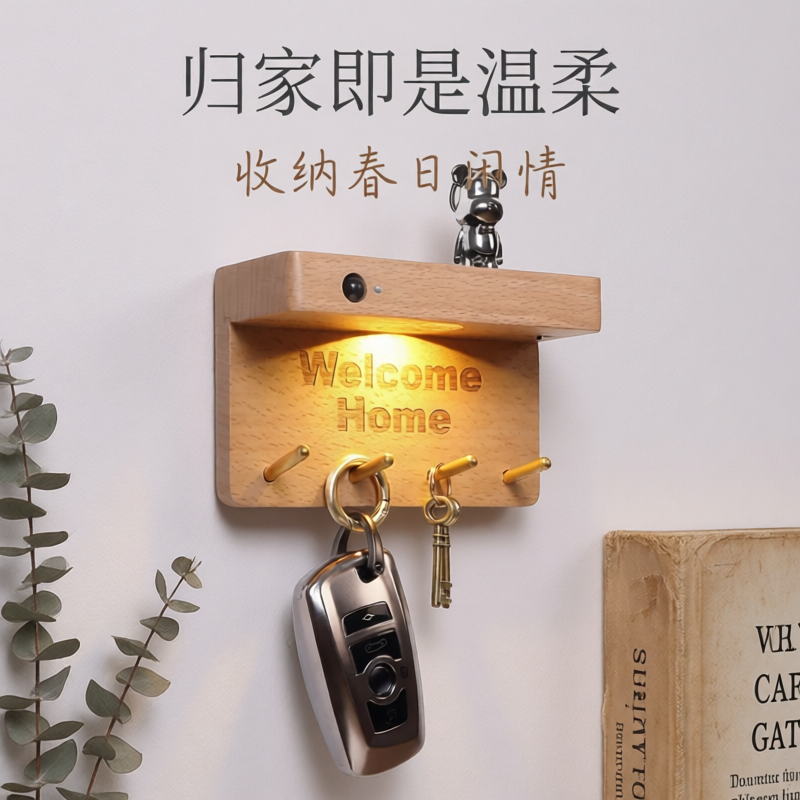 入户门口放钥匙神器花园灯人体感应灯壁灯实木小夜灯收纳灯免布线