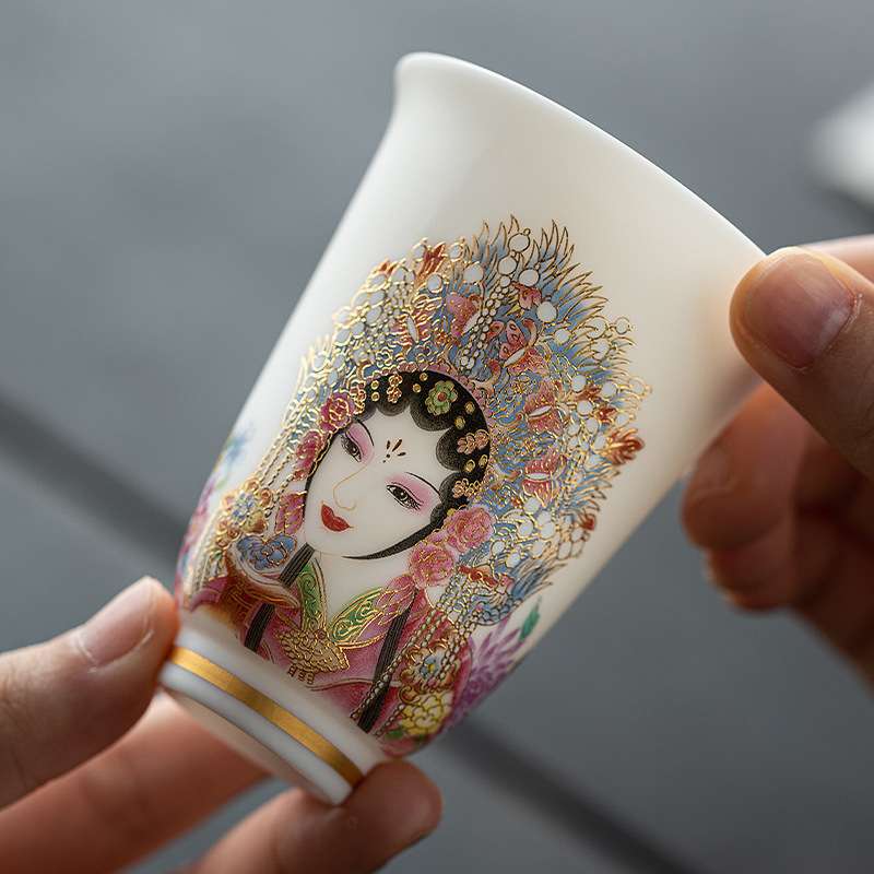 高端羊脂玉素烧闻香杯主人杯中式复古京剧花旦杯高款茶杯酒杯单杯