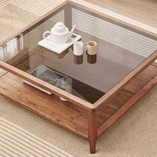 钢化玻璃茶几组合客厅家用简约现代矮茶桌 黑胡桃木实木茶几新中式