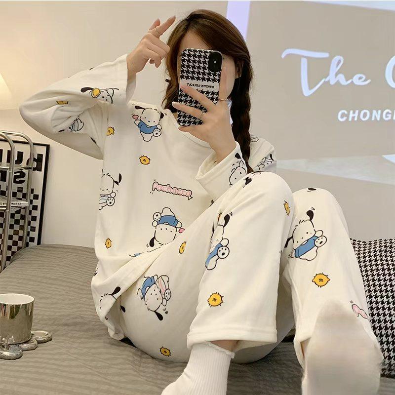 德绒保暖长袖睡衣女卡通家居服大码可爱学生长袖长裤居家两件套装