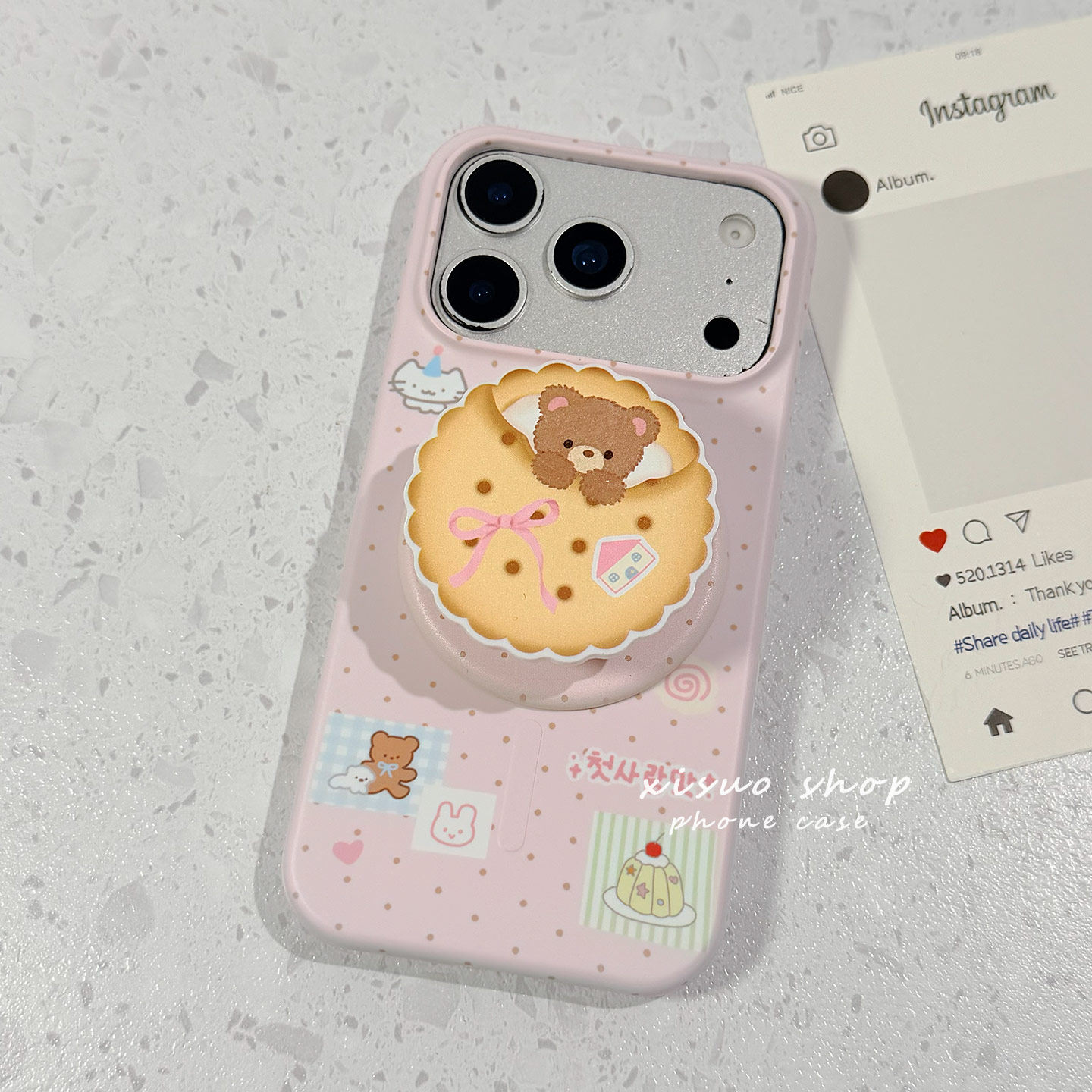 ins波点饼干小熊适用于苹果17promax手机壳16pro新款15pm女半包边高级感网红巨好看菲林防摔超薄带磁吸支架硬