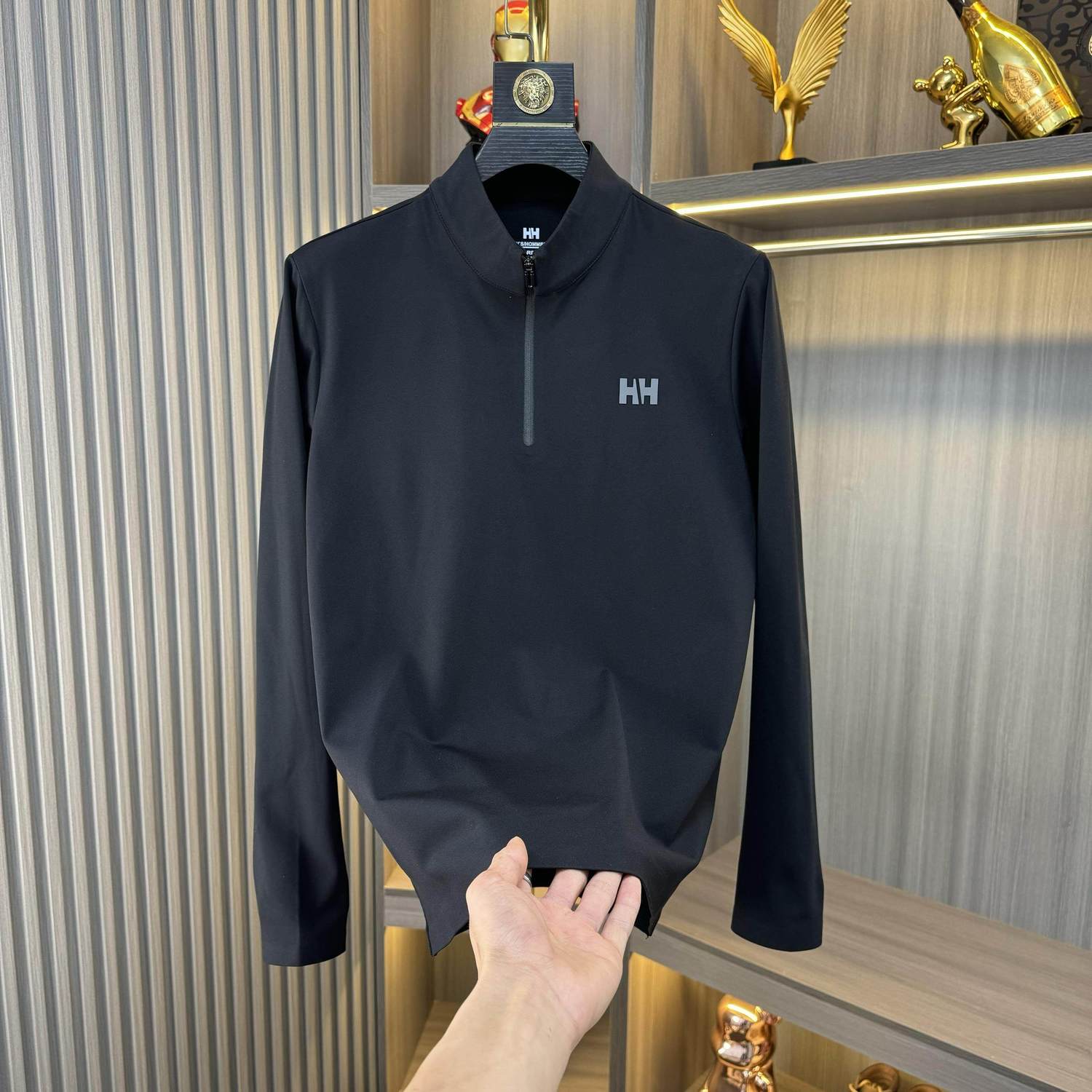 秋冬运动立领黑色上衣户外男士休闲打底2024新款拉链字母长袖T恤