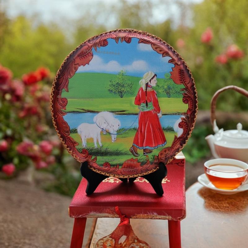 内蒙工艺品画圆形摆台成吉思汗皮画蒙古包民族特色装饰画客厅摆件图片