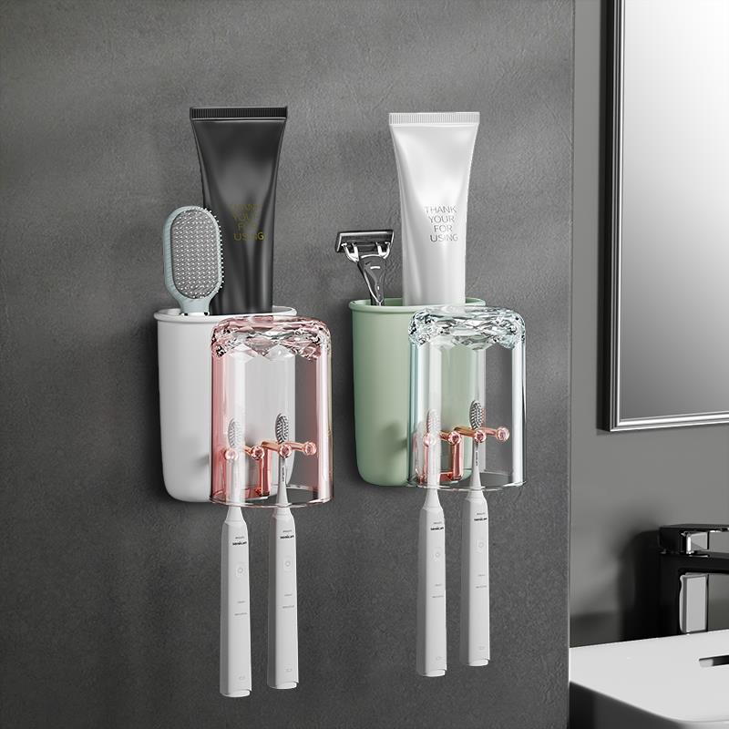 免打孔卫生间壁挂式漱口杯套装高档刷牙杯子牙膏牙刷置物架收纳盒