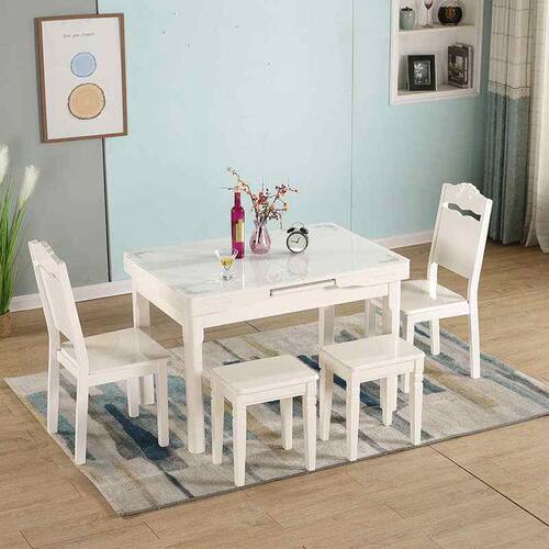 伸缩餐桌小户型家用现代简约白色烤漆抽拉式桌椅组合钢化玻璃饭桌