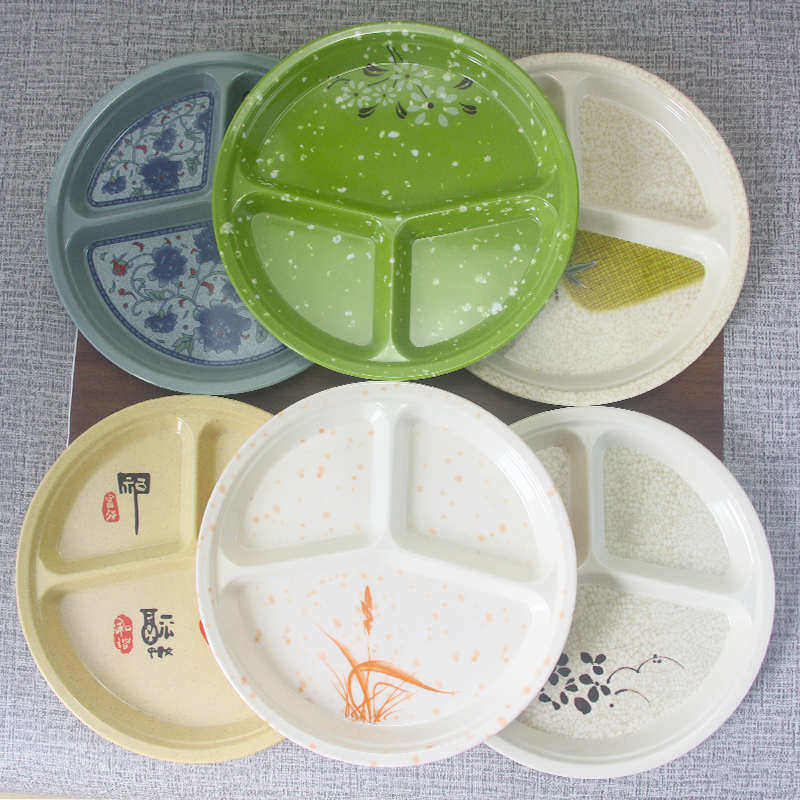 (十个装)加厚快餐盘仿瓷餐具三格圆形分格盘子学生食堂饭堂四格盘