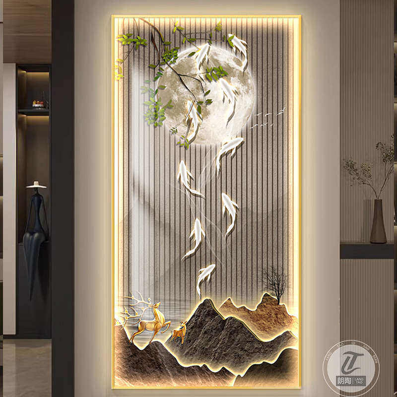 新中式入户玄关装饰画LED灯画客厅过道走廊墙画九鱼图麋鹿山水画,家居饰品,现代装饰画,淘宝优惠券,粉丝福利购,淘宝优惠卷