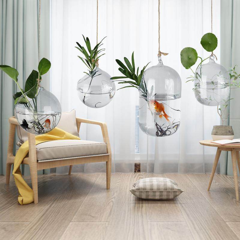 创意水培植物吊挂鱼缸悬挂透明玻璃花瓶麻绳小吊瓶室内家居装饰瓶
