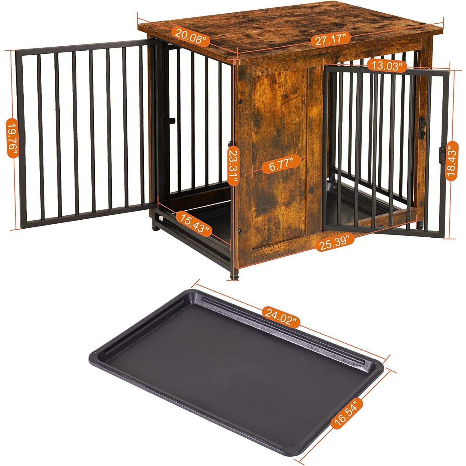 质朴棕黑家具风格狗笼木制宠物柜3门室内宠物箱可移动托盘狗25磅