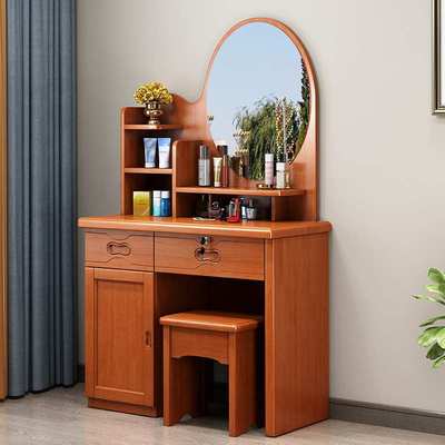 中式实木梳妆台小户型卧室化妆台现代简约带镜子收纳柜一体梳妆桌