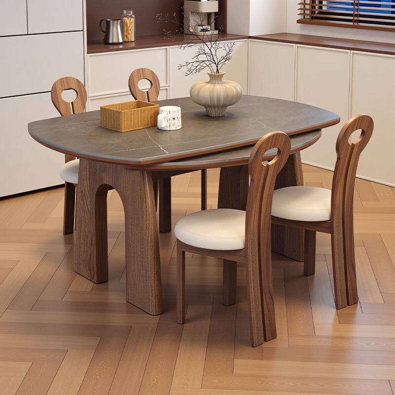 法式中古风实木岩板餐桌白蜡木伸缩家用复古餐桌方圆两用吃饭桌子