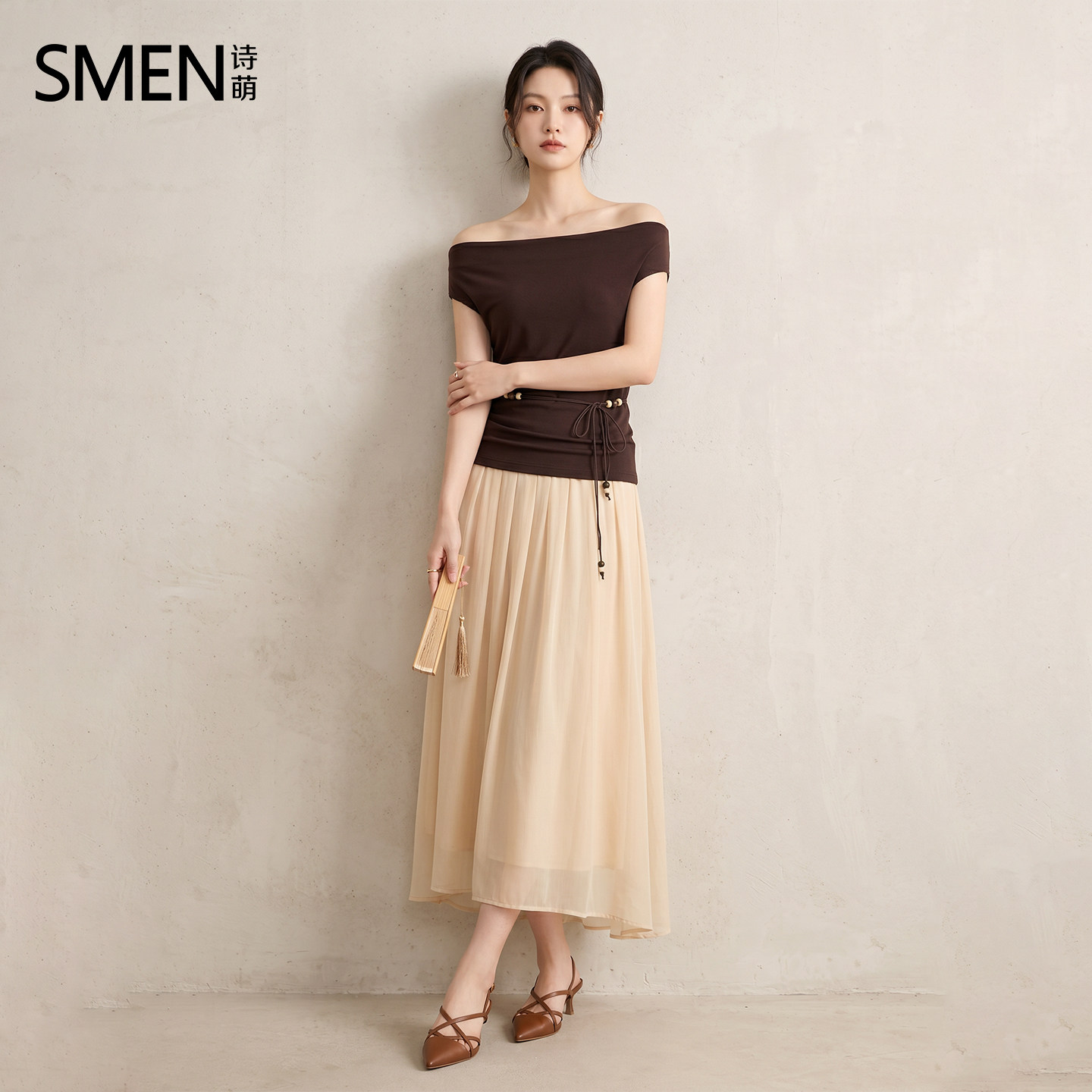 SMEN诗萌夏季一字肩高腰显瘦套装