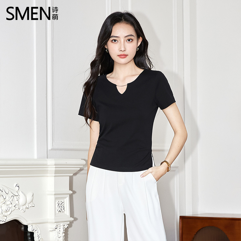 SMEN诗萌短袖抽褶显瘦黑色女T恤
