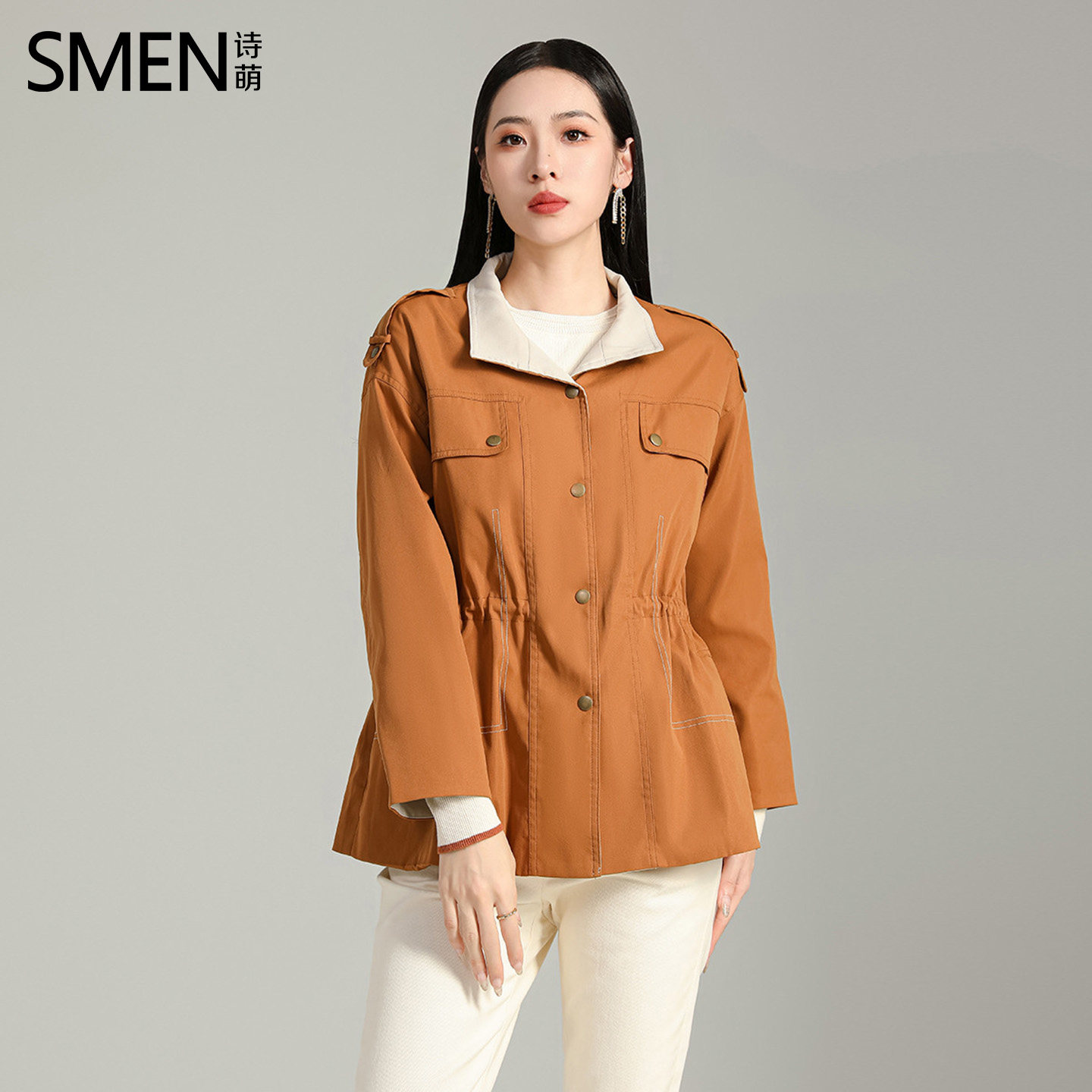 SMEN港风复古中长款风衣女2026秋装抽绳收腰显瘦休闲百搭宽松外套