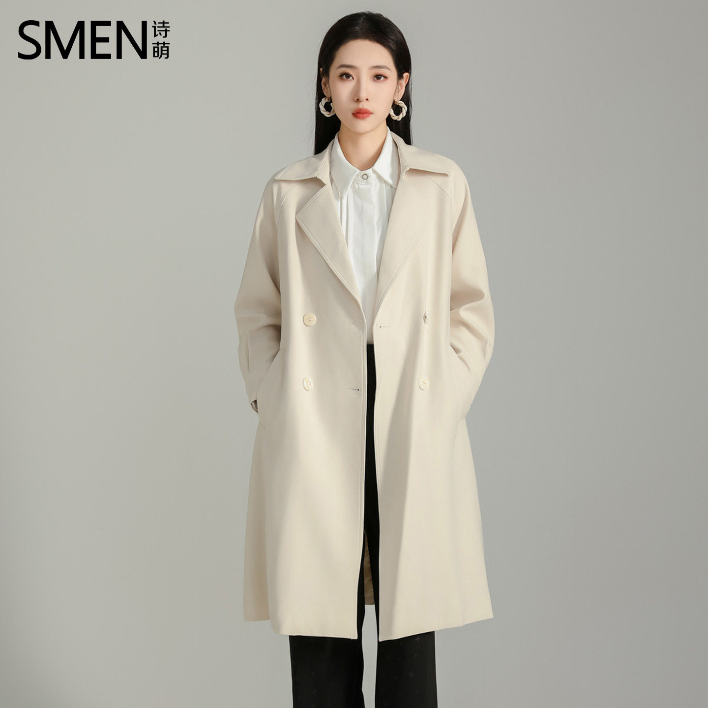 SMEN诗萌英伦双排扣收腰西装风衣