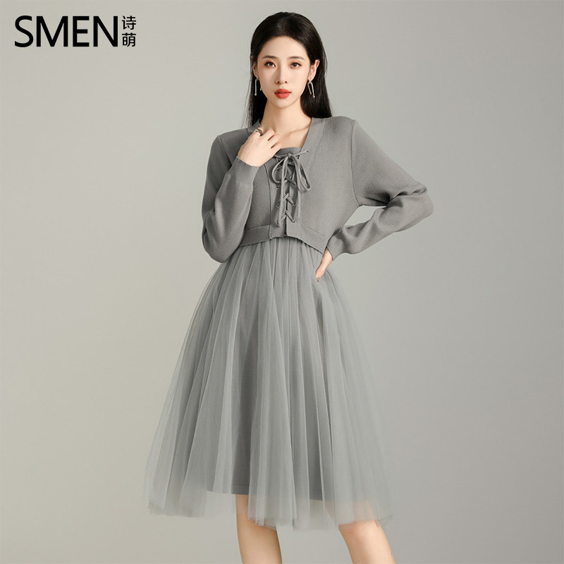 SMEN诗萌赫本风假两件网纱连衣裙2026灰色系带收腰气质优雅中