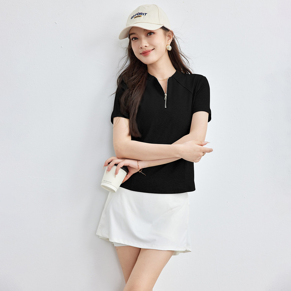 诗萌半拉链POLO领显瘦T恤女