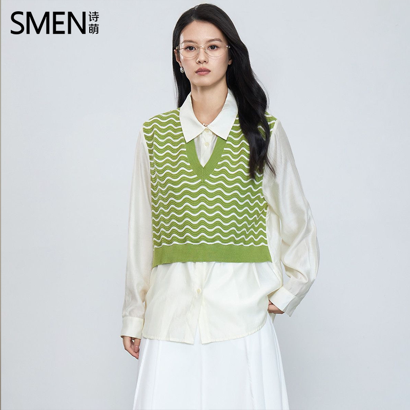 SMEN诗萌假两件针织拼接翻领衬衫