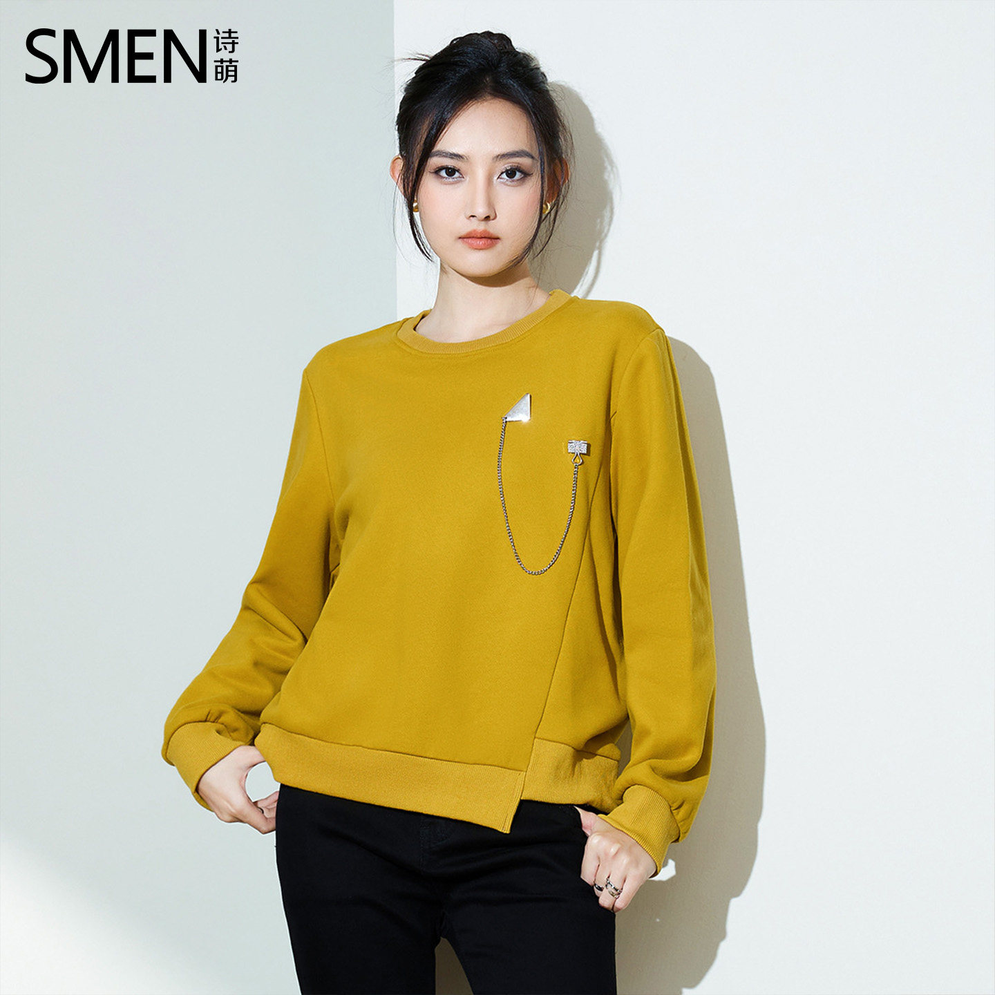 SMEN诗萌加绒保春秋款纯色圆领长袖卫衣女士时尚落肩宽松上衣