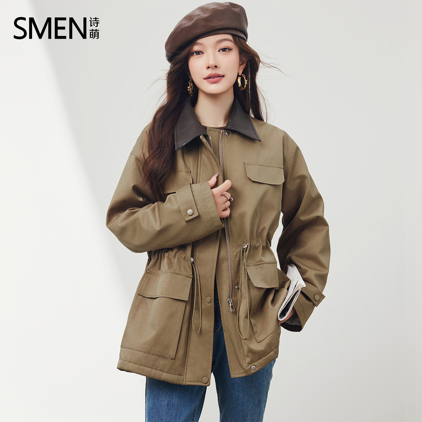 SMEN诗萌巴恩风撞色翻领落肩风衣女2026中长款抽绳收腰多口袋外套