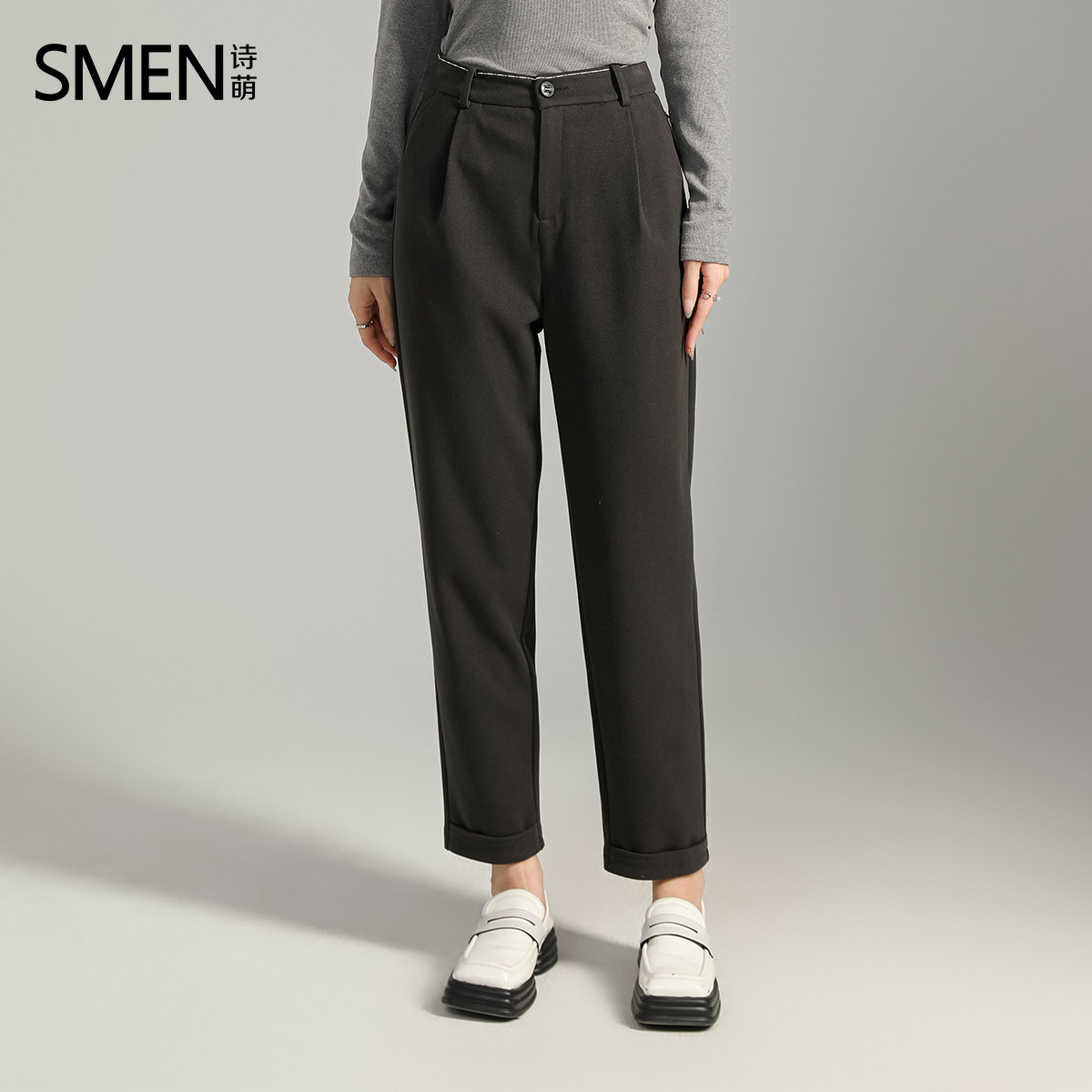 SMEN诗萌黑色高腰直筒裤女2025宽松显瘦气质小脚休闲裤西装裤女