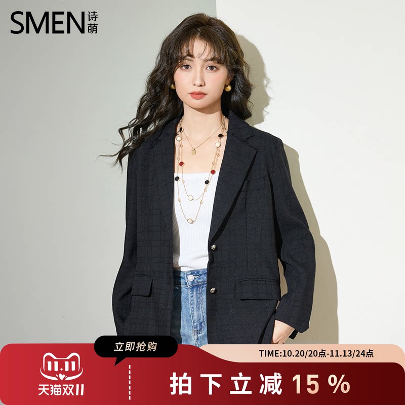 SMEN诗萌格纹拼接翻领女西装