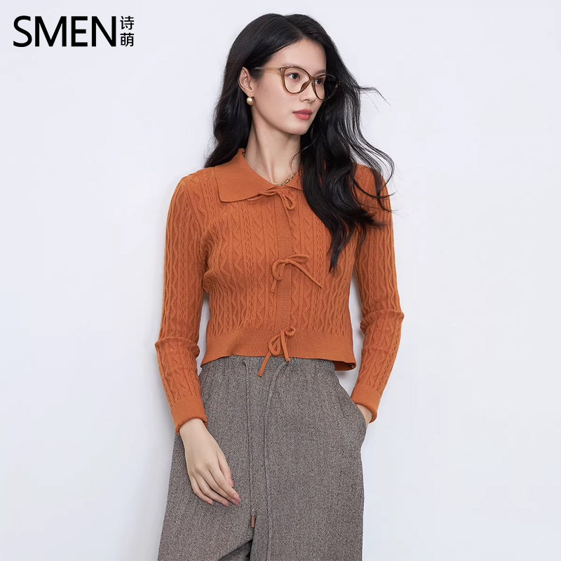 SMEN诗萌法式风翻领系带针织衫女