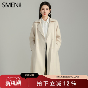 SMEN诗萌英伦风双排扣风衣外套女士2026秋季收腰西装中长款大衣