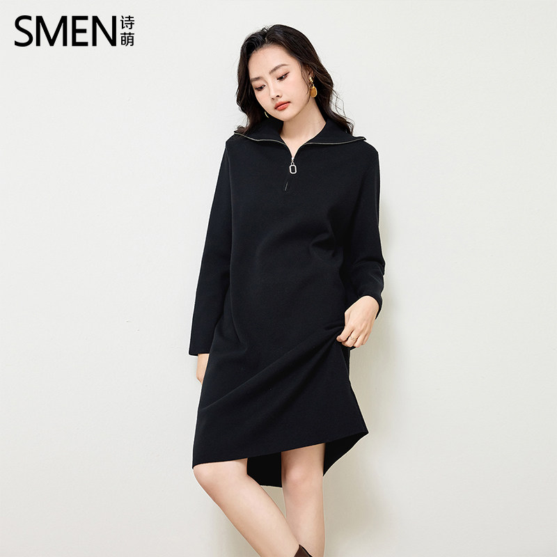 SMEN诗萌针织连衣裙秋冬半拉链裙