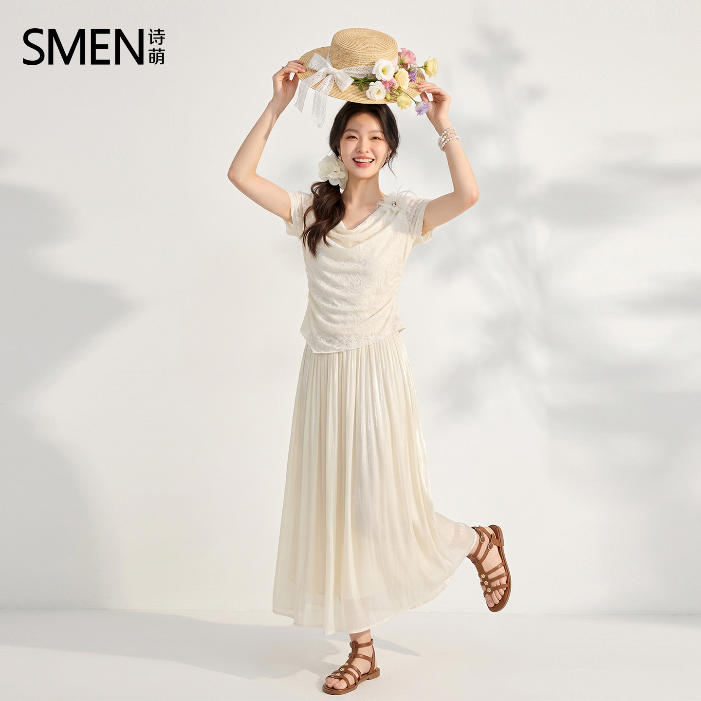 SMEN诗萌夏季露背蕾丝仙气套装女