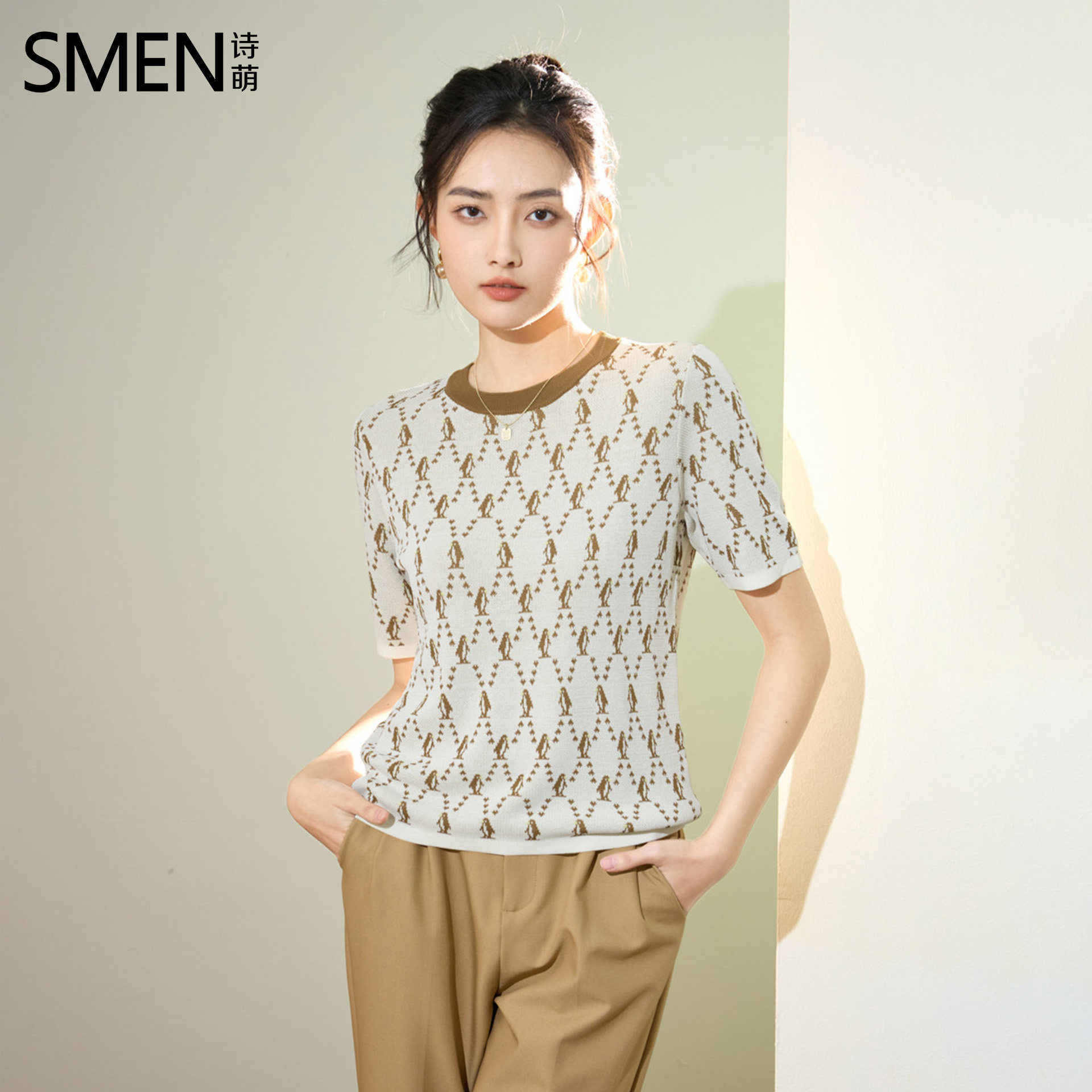 SMEN诗萌法式复古老花毛织上衣女