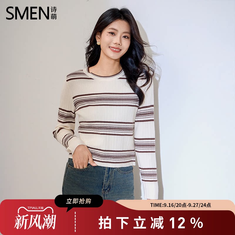 SMEN诗萌条纹短款圆领长袖针织衫