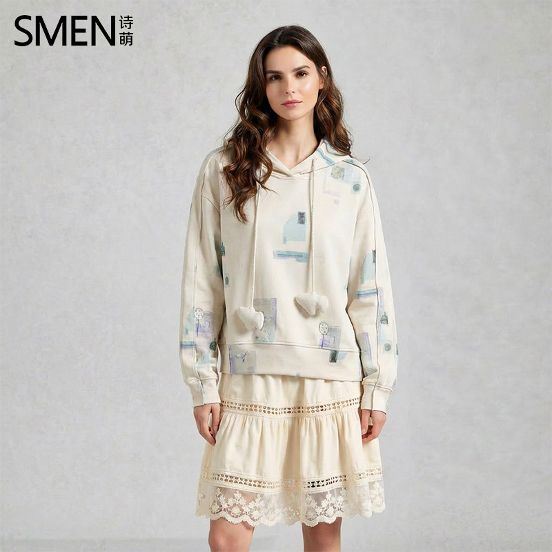 SMEN诗萌艺术印花连帽卫衣女2026春秋宽松杏色短款套头衫休闲上衣