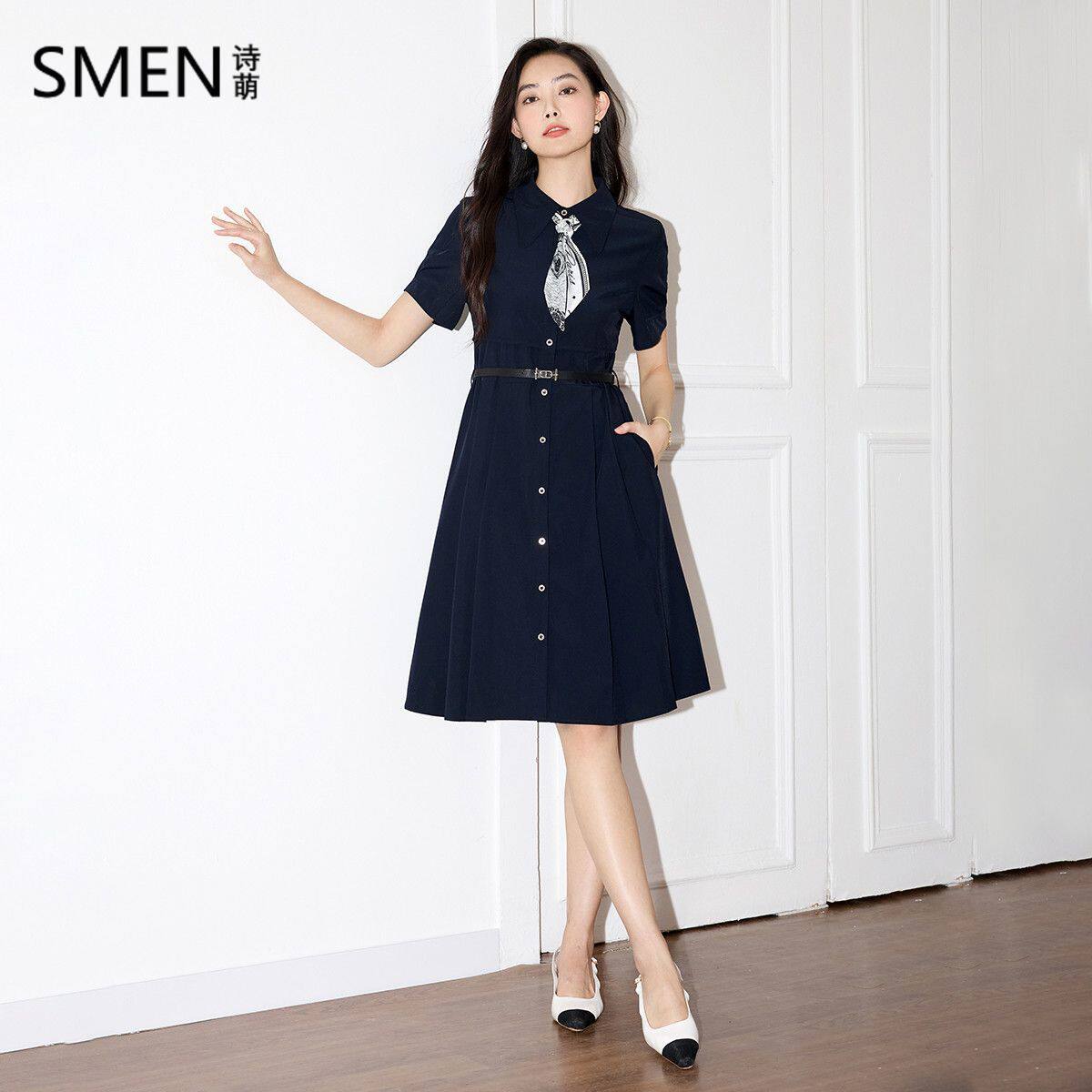 SMEN诗萌夏季翻领收腰显瘦衬衫裙