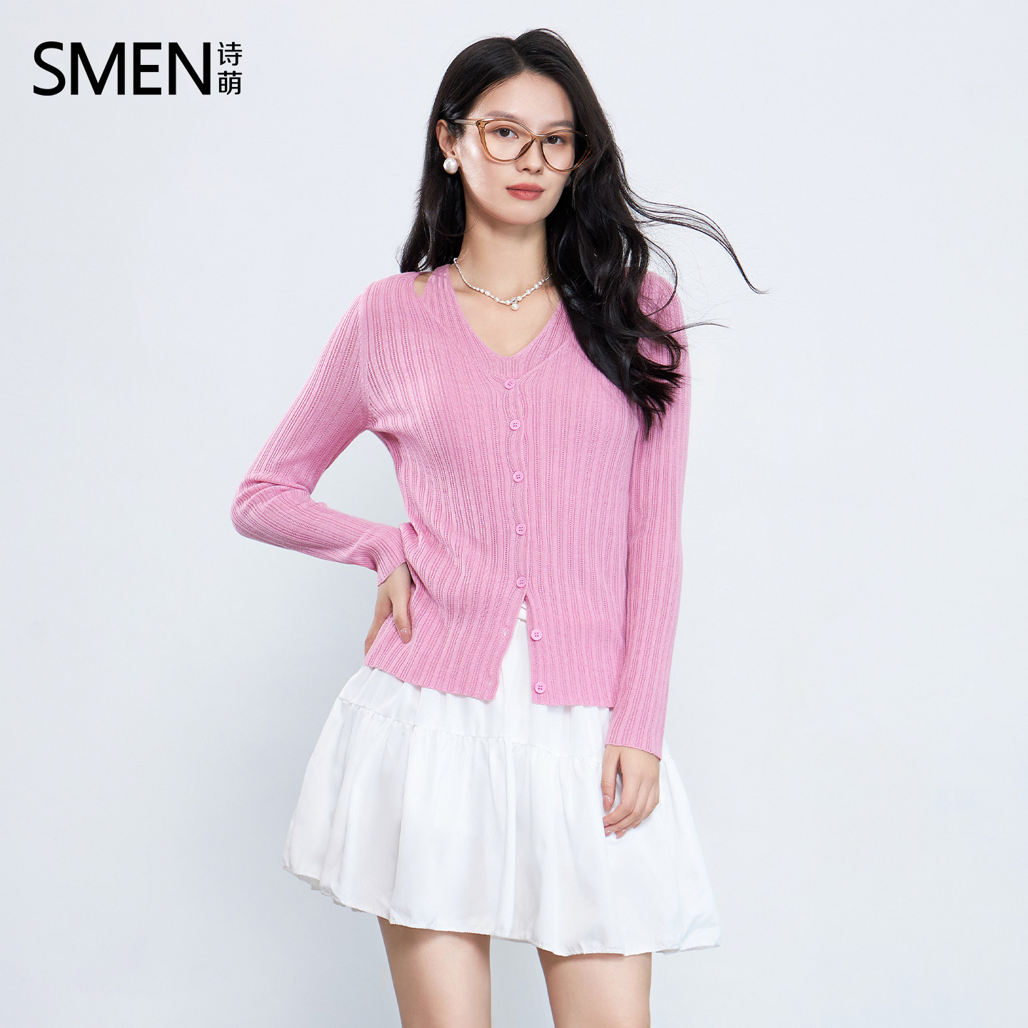 SMEN诗萌粉色V领薄款针织开衫