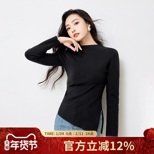 诗萌开叉针织衫女2025秋冬女装打底半高领毛衣不对称显瘦长袖上衣