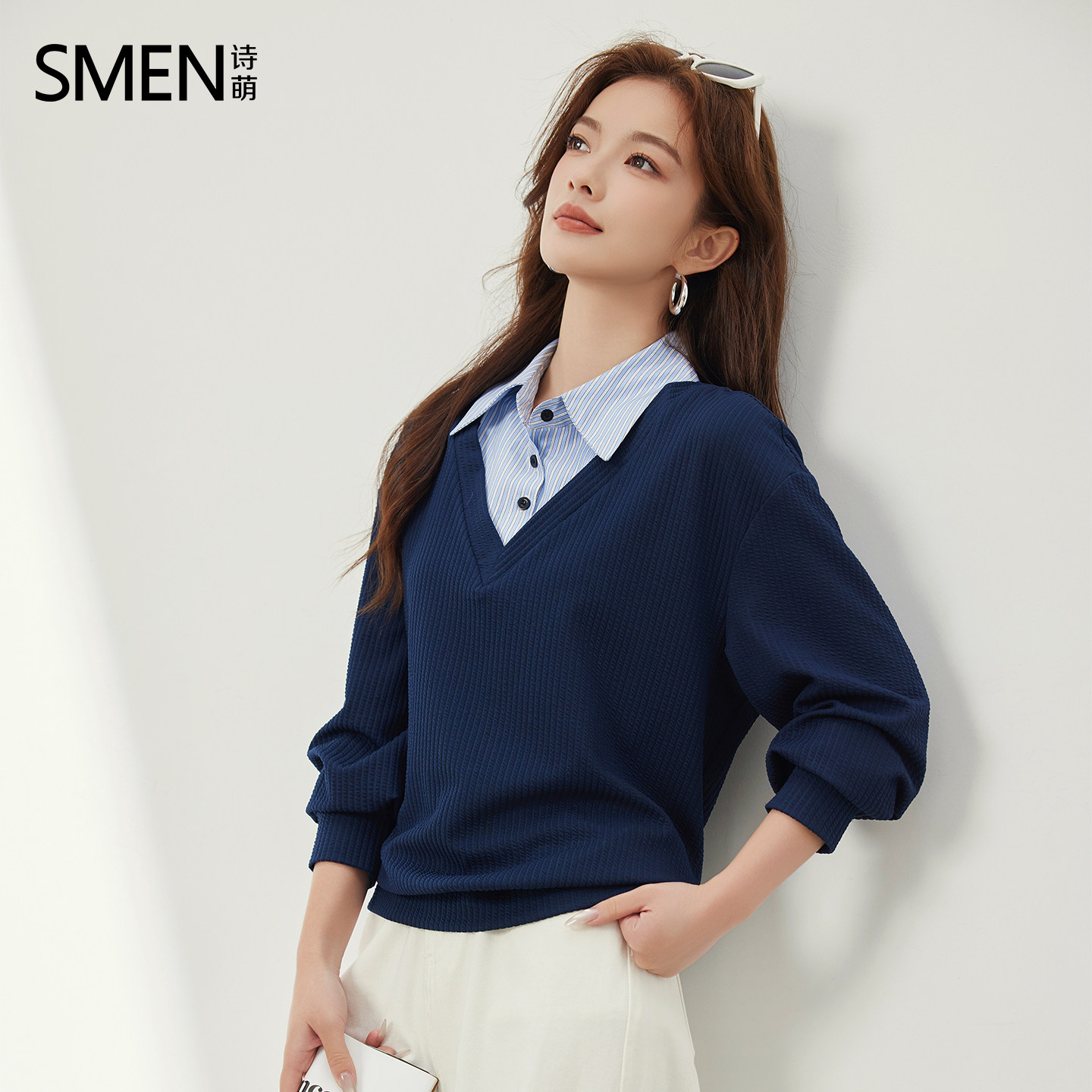 Smen诗萌秋季拼接条纹针织小衫