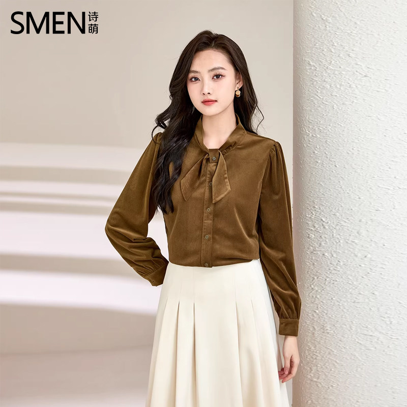 Smen诗萌丝绒衬衫春秋复古附蝴蝶结飘带显瘦减龄长袖宽松上衣女