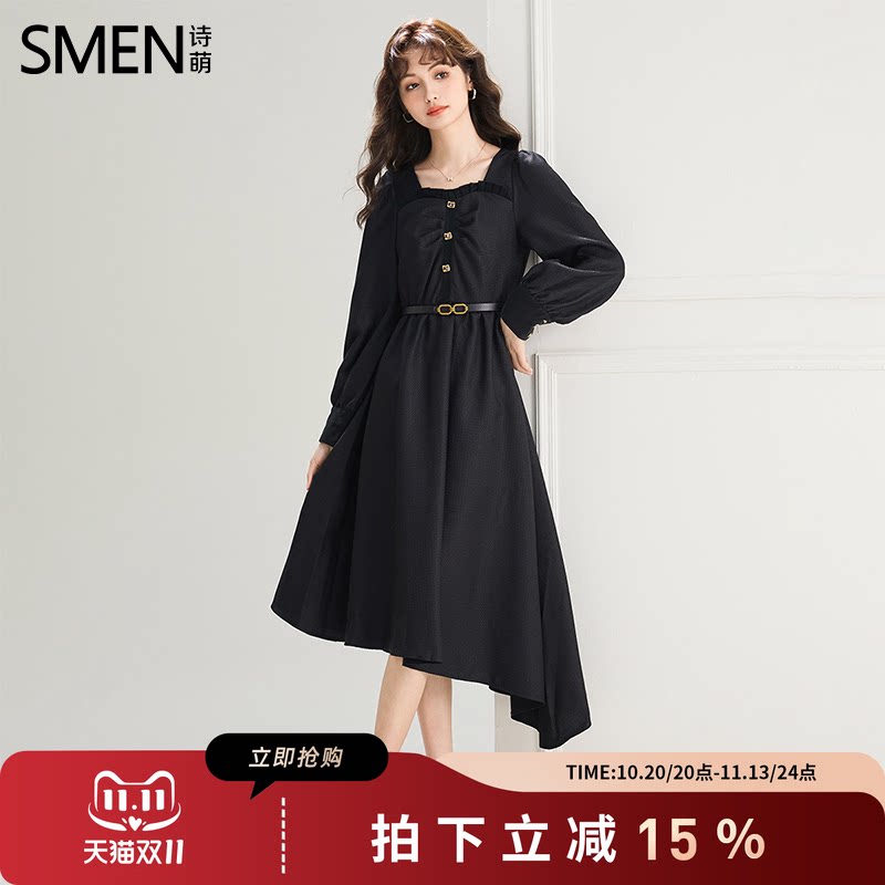 SMEN诗萌法式长袖不规则连衣裙女